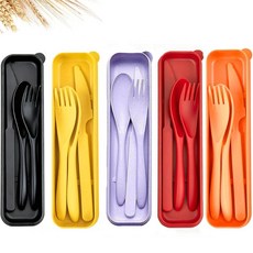 여행 기구 세트 - 재사용 가능한 밀짚 플라스틱 커틀러리 5세트 케이스 휴대용 포크 스푼 및 나이프 세트 친환경 BPA 프리 매일 사용 (다크 그린 오렌지 옐로우 퍼, 레드, 퍼플, 블랙, 오렌지, 옐로우