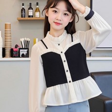 女童長袖假兩件式襯衫，娃娃衫，春秋新款法式襯衣