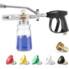 짧은 압력 세척기 총 폼 캐논 포함 1/4인치 퀵 커넥터 5가지 노즐 팁 1리터, 고압 수압 제트