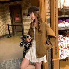 AOKADA 여성 봄 가을 스탠드 집업 스웨이드 점퍼 아우터