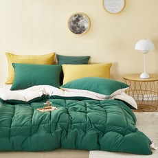 素色絎縫高密度超細纖維寢具組, Green Leaf, 被子+枕套+薄墊