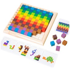 木質彩虹方塊拼圖積木 馬賽克系列 方形疊疊樂 兒童益智玩具, 多色, 1套