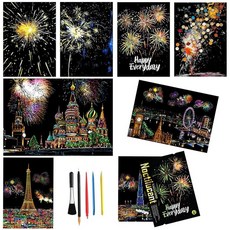 Scratch Art 성인용 8장 무지개 스크래치 불꽃놀이 페인팅 키트 아트 북 29.2 x 21.6cm(11.6 8.2인치) 6가지 도구 DIY 공예 선물(아름다운 불꽃놀이, Scratch Art 성인용 8장 무지개 스크래치 불꽃