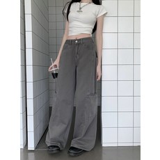 水泥灰美式闊腿工裝褲女2026新款小個子直筒牛仔褲子顯瘦休閒直筒