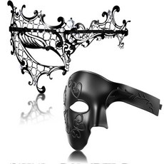 Yearntown 커플 가장 무도회 마스크 세트 베네치아 코스튬 프롬 파티 마스크 할로윈 한쪽 눈 반쪽 얼굴(블랙), 블랙, 블랙