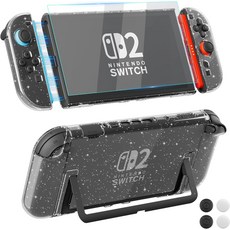 쉬운 도킹 버전 닌텐도 스위치 2용 GLDRAM 케이스 2025 화면 보호기가 있는 가능한 하드 쉘 PC 보호 스킨 커버 및 2 콘솔 조이콘용 엄지 그립 4개 클리어 글리터, Glitter