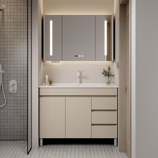 定製陶瓷一體盆75/85/95/105公分落地式原木風浴室櫃洗臉洗手盆, 顏色，長度，定製