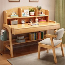 實木陞降學習書桌帶書架一體，中小學生家用寫字桌，臥室小戶型適用, 原木色單桌+帶書架+靠背椅【其他顏色留言,146*60*120CM【雙抽】