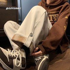 優選好物 格子翻邊休閒運動褲 男秋冬新款加絨加厚闊腿褲 學生韓版寬鬆直筒褲