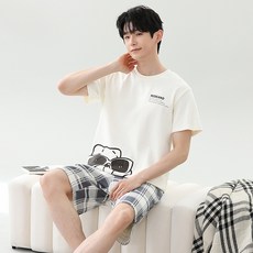 YANGTA 남성 잠옷 여름 얇은 캐릭터 반팔 세트 캐주얼 심플 루즈핏 아웃도어 홈웨어