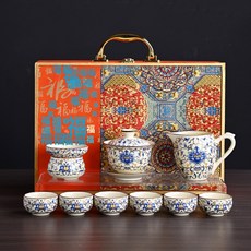 DIU 好柿花生國潮文創茶具套裝禮品整套陶瓷汝窯米黃功夫茶壺, 1個, 汝窯茶壺套組/繁花似錦【高檔禮盒】:如圖