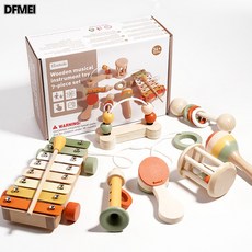 DFMEI 寶寶早教益智安撫木質搖鈴套裝蒙氏奧爾夫樂器嬰兒抓握訓練玩具, 1個, (treehole)樂器7件套(拖拉琴)P0.86kg