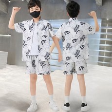 新款可愛童裝 兒童套裝 短袖花襯衫沙灘服男海南島三亞夏威夷旅遊港風複古寬鬆痞帥氣套裝