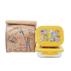 里和 lilfant 韓國製 304不鏽鋼雙層便當盒，附收納袋，兒童分隔飯盒，隔熱保溫餐盒，正版, 1個, 方型 玩具總動員