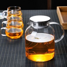 2L大容量玻璃茶壺 耐高溫耐熱玻璃涼水壺 透明加厚花茶壺 大號燒水壺 大水壺2000 花茶壺 耐熱水壺, 2L壺+早餐杯*4個, 1個