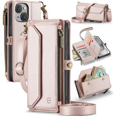 Strapurs 핸드폰 파우치 보조 가방 카드 지갑 포켓 아이폰 15 프로 맥스 호환 케이스 RFID 차단 10카드 홀더 부드러운 PU 가죽 자석 스냅 숄더 스트랩 지퍼 휴대폰