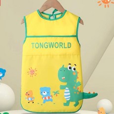 TONGWORLD 兒童防水畫畫衣 吃飯罩衣 長袖無袖款 防污防油 適用0-8歲寶寶, 男寶必備 無袖-黃色恐龍,120碼 適合3~8歲