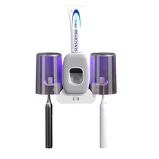 免打壁掛紫外線智能殺菌雙杯牙刷架浴室洗漱套裝擠牙膏器, 1個, 灰白:1個