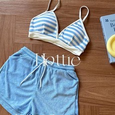 海軍條紋比基尼毛巾料沙灘短褲搭配短袖沙灘溫泉度假分體泳衣新款