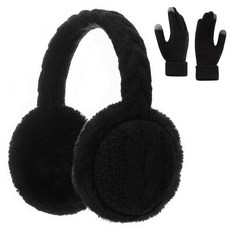 BUTITNOW 여성용 니트 퍼지 귀마개 및 터치 스크린 장갑 세트 겨울용 따뜻한 헤드밴드 이어 워머 귀마개 블랙. 157560, 블랙