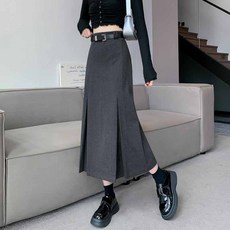 AOKADA 여성 모직 플리츠 롱 스커트 하이웨스트 드롭핏 A라인 정장 치마