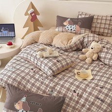 燈芯絨四件套組/兒童三件套/學生宿舍三件套/雙人四件套 - 冬季保暖數碼印花床組, 綠格蘑菇兔,200公分牀包款四件套被套220*240, 1個