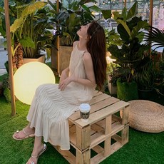 SML사이즈 여성 휴양지 쉬폰 홀터넥 롱 원피스 빅사이즈 나시 민소매