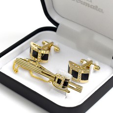 金色圓弧黑方鑽袖扣領帶夾禮盒組 NCD57