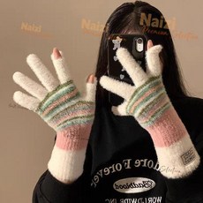 可愛彩虹露指觸屏毛絨針織五指手套女冬季保暖加絨加厚防寒騎行車