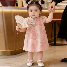 DFMEI 夏季嬰兒短袖裙子緞面大紅寶寶週歲禮服新生兒滿月旗袍