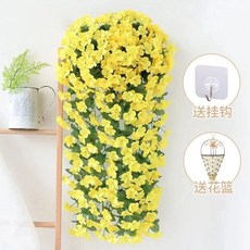 新年裝飾仿真紫羅蘭假花壁掛，春節客廳掛飾藤條藤蔓吊蘭吊籃, 黃色 紫羅蘭紫色2束（贈1個籃子）, 1個