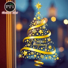 摩達客 耶誕-金色5號緞帶聖誕樹 無痕靜電窗貼 玻璃櫥窗裝飾 聖誕節慶佈置