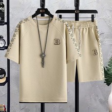 【KK】夏季大碼男士華夫格休閒兩件套：潮流短袖T恤運動套裝