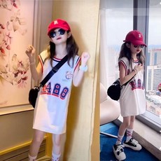 賣場優選童裝 女童短袖 女童冰絲夏季連衣裙2025網紅球服T恤裙中長款運動裙長T薄款背心裙夏季新款