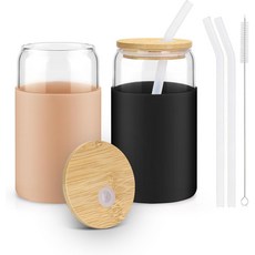뚜껑과 빨대가 포함된 유리컵 실리콘 슬리브가 16OZ 아이스 커피 컵 2팩 빨대와 대나무 뚜껑이 유리 텀블러 주스 칵테일 및 라떼 블랙&카키 가정 필수 음료 세트, 2 Pack Black&Khaki