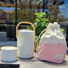 스밈콤마 보온 도시락통+보온 가방 세트, 1세트, 화이트1.8L+작은통2개+핑크가방
