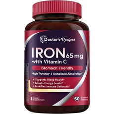 철분 혈액 사 레시피 65mg 비타민 C 뇌 위장 친화적 철분제 비건 비 GMO 60 정제, Iron+VC, 60 Count (Pack of 1), 60정, 1개