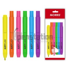 모리스 저스트클릭 노크식 형광펜 M 6개 세트(모리스 정품 블리스터 포장 케이스), 옐로우1+오렌지1+그린1+블루1+바이올렛1+핑크1