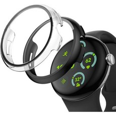 구글 픽셀 워치 화면 보호 케이스 2팩 JZK 고화질 강화 유리 전체 보호 케이스 커버 구글 픽셀 워치 액세서리용 스크래치 방지 범퍼 쉘 블랙블랙, Black/Clear, Pixel Watch 3 45mm, Black/Clear