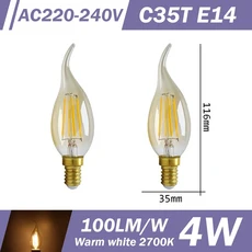 2PCS E14 E27 LED 필라멘트 전구 C35 ST64 G80 A60 220V 4W 따뜻한 흰색 유리 학위 에디슨 레트로 촛불 Blu, [16] C35T E14 2700K, [01] AC220-240V