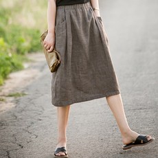 ORZQU 여성 여름 시원한 린넨 스커트 캐주얼 부드러운 A라인 면 마 허리 밴딩 미디 치마