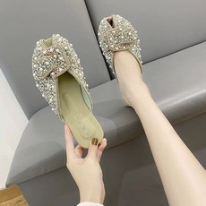 보석 여름 진주슬리퍼 샌들 실내화 여성 뮬 통굽 반짝이