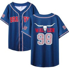 여성용 98 야구 저지 소 해골 그래픽 라인스톤 셔츠 팬 티셔츠 컨트리 뮤직 반소매 상의 블루. L