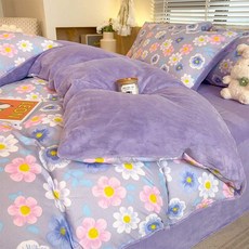 POMTOR 겨울 플라워 패턴 극세사 따뜻한 감성 침실용 스러운 피치스킨 소재의 부드러운 이불 커버, 옵션1