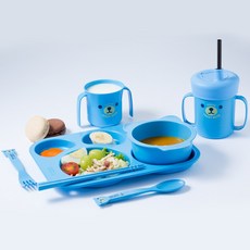 테디베어 유아식기 유아식판 빨대컵 스푼세트, 1개, 키즈식판세트, 블루
