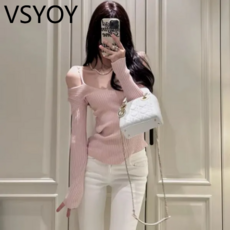 VSYOY [천정에 대한 순수한 욕망] 시즈히의 벚꽃 어깨 나비 빈 V 넥 니트 셔츠 어깨 탑