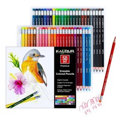 KALOUR 50가지 색상 지울 수 있는 색연필 세트 - 지우기 쉽고 생생하고 매끄러운 색연필 지우개 포함 - 드로잉 스케치 및 컬러링 북에 이상적 - 성인 초보자 아티스트