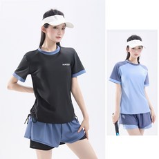 HAIZA 女款撞色運動休閒套裝 寬鬆透氣短袖短褲兩件式