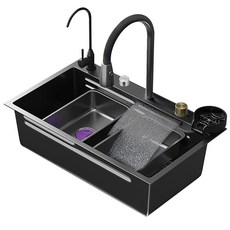 抽拉龍頭內崁飛雨瀑布出水水槽，分離式奈米不鏽鋼廚房洗碗洗手槽, 1個