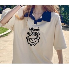 翻領POLO衫，寬鬆短袖T恤，可愛羊駝印花設計